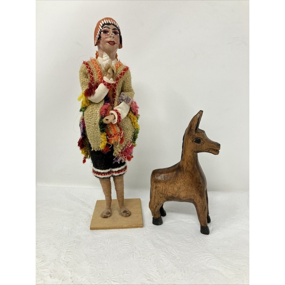 Vintage Peruvian Folk Art Lot Doll Woman & Wood Llama